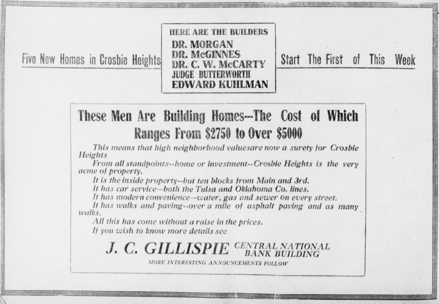 Crosbie Heights newspaper ad from the March 19, 1911, edition of the Tulsa World