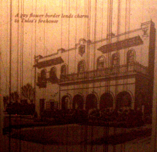 Illustration of the 18th & Boston fire station. Caption: 'A gay flower border lends charm to Tulsa's firehouse.'