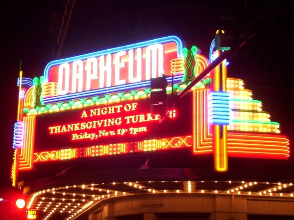 The spectacular neon marquee of Wichita's Orpheum Theatre