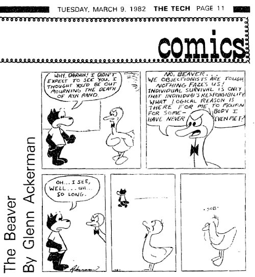 Comic strip about Ayn Rand's death in the March 9, 1982 issue of The Tech