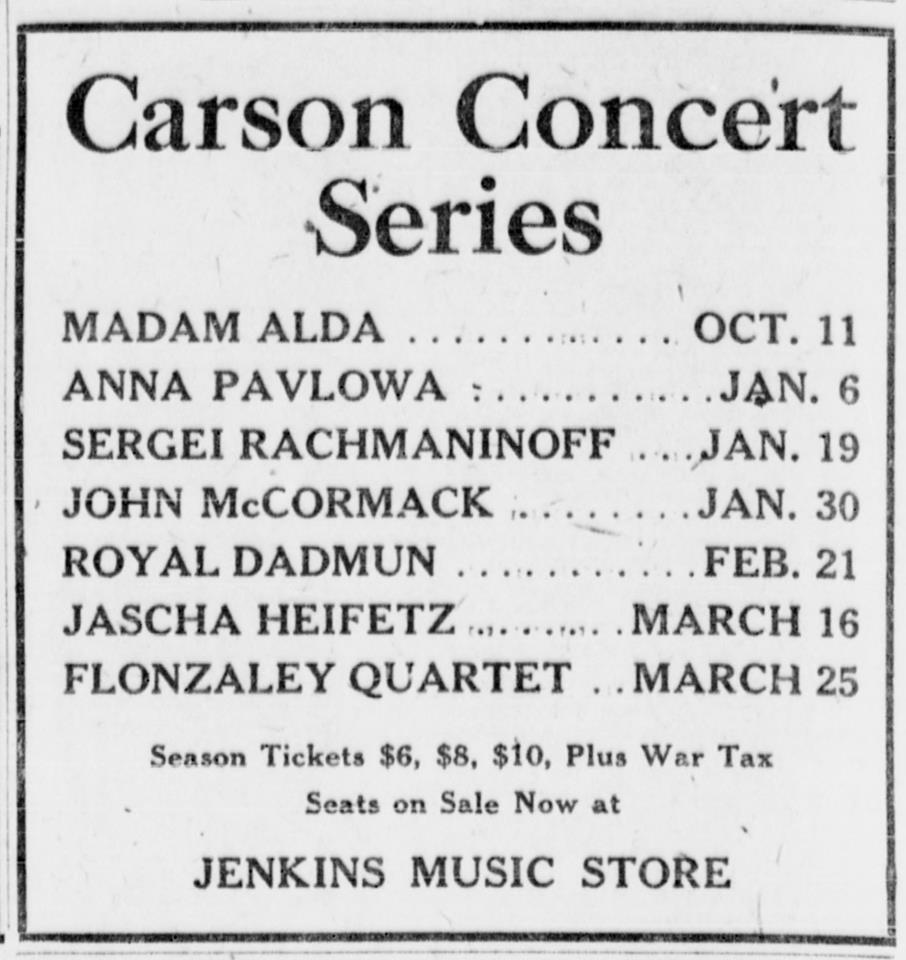 Ad for 1922 concert series including Jascha Heifetz, Anna Pavlova, and Sergei Rachmaninoff