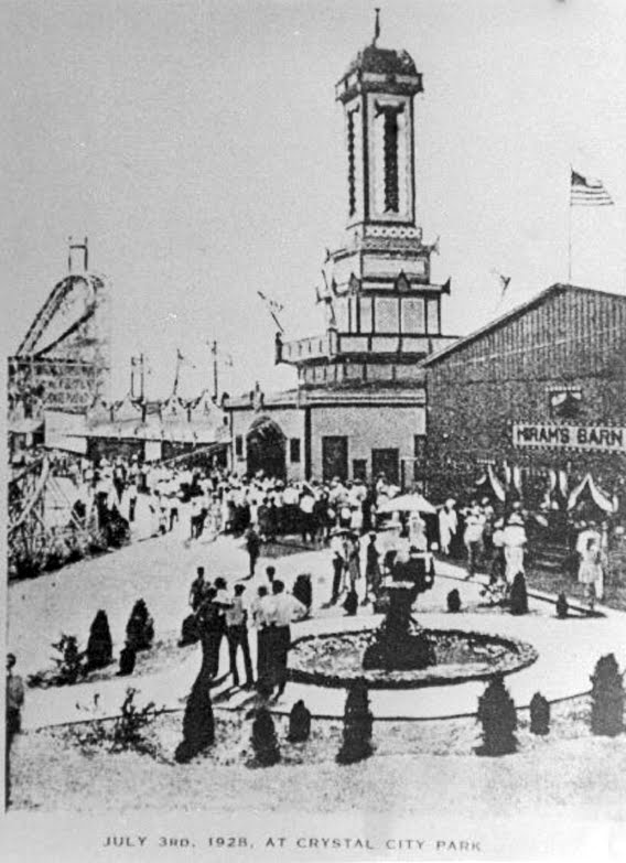 Crystal City Amusement Park, July 3, 1928, showing Hiram's Barn, Zingo roller coaster, tower