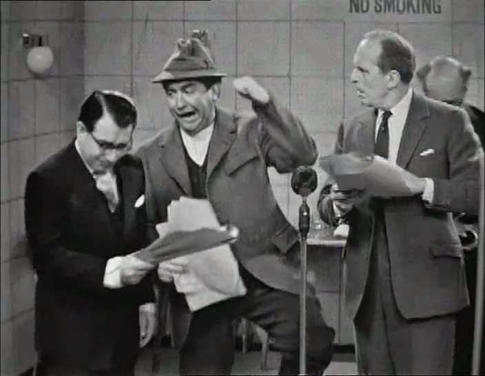 Peter Glaze, Tony Hancock, and Brian Oulton in 'The Bowmans,' a send-up of the Archers