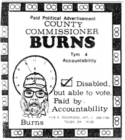 Accountability Burns newspaper ad from his 1987 run for Tulsa County Commissioner