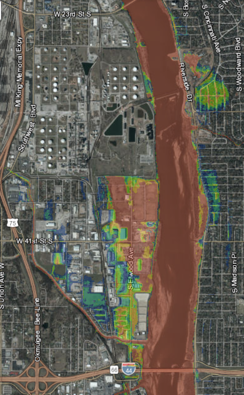 estimated flooding depths at a Keystone Dam release rate of 305,000 cubic feet per second (cfs)