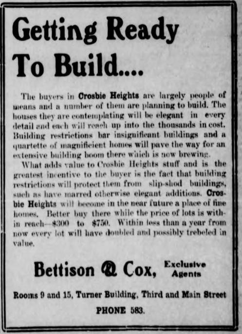 Crosbie Heights subdivision newspaper ad from the October 23, 1908, issue of the Tulsa Democrat