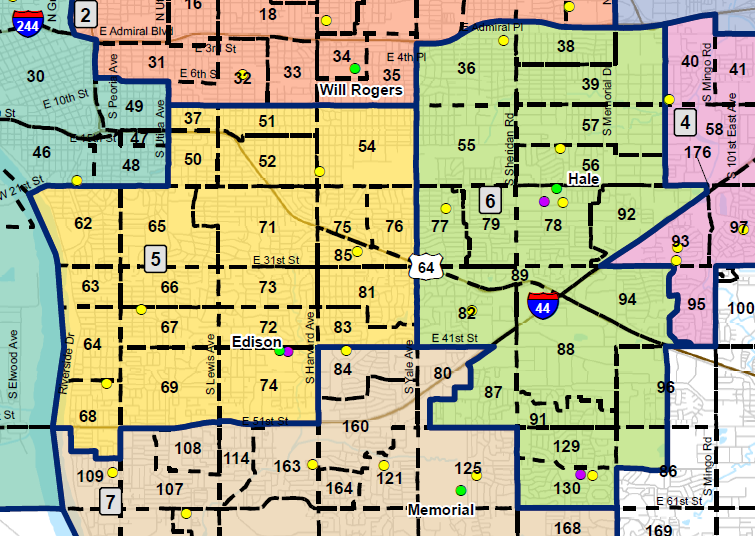 Map of Tulsa School Board election districts for Office 5 and Office 6