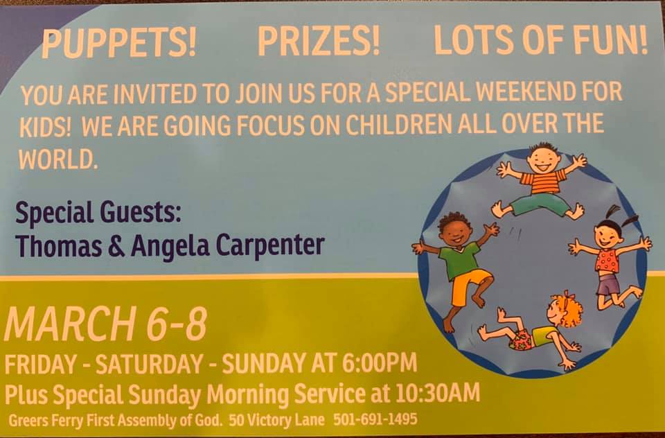 Flyer from Kids Around the World Kids' Crusade, March 6-8, 2020, at Greers Ferry First Assembly of God Church