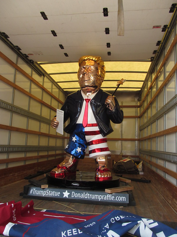 Trump Statue displayed in a truck at 3rd and Boulder in Tulsa