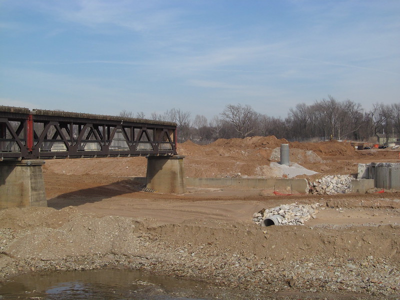 Truncated east end of Midland Valley Pedestrian Bridge, removed as part of construction for the Gathering Place and Riverside Drive.