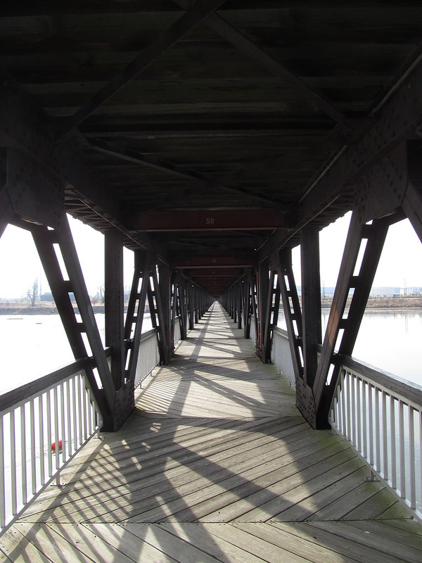 Midland Valley Pedestrian Bridge across the Arkansas River in Tulsa, looking west from the east end