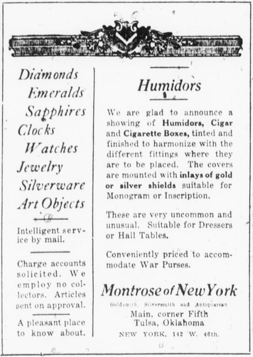 November 21, 1918, newspaper ad for Tulsa jewelry store Montrose of New York