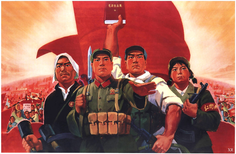 Communist Poster featuring Mao's Little Red Book and soldiers