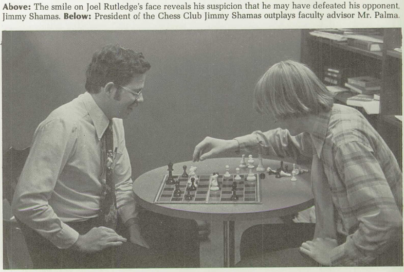 Ron Palma plays chess with Jimmy Shamas, 1977 yearbook