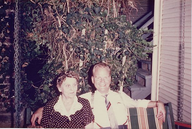 Mrs. Anna Aurandt and her son, Paul Harvey, at her home at 1014 E. 5th Pl., Tulsa, Oklahoma in the late 1950s