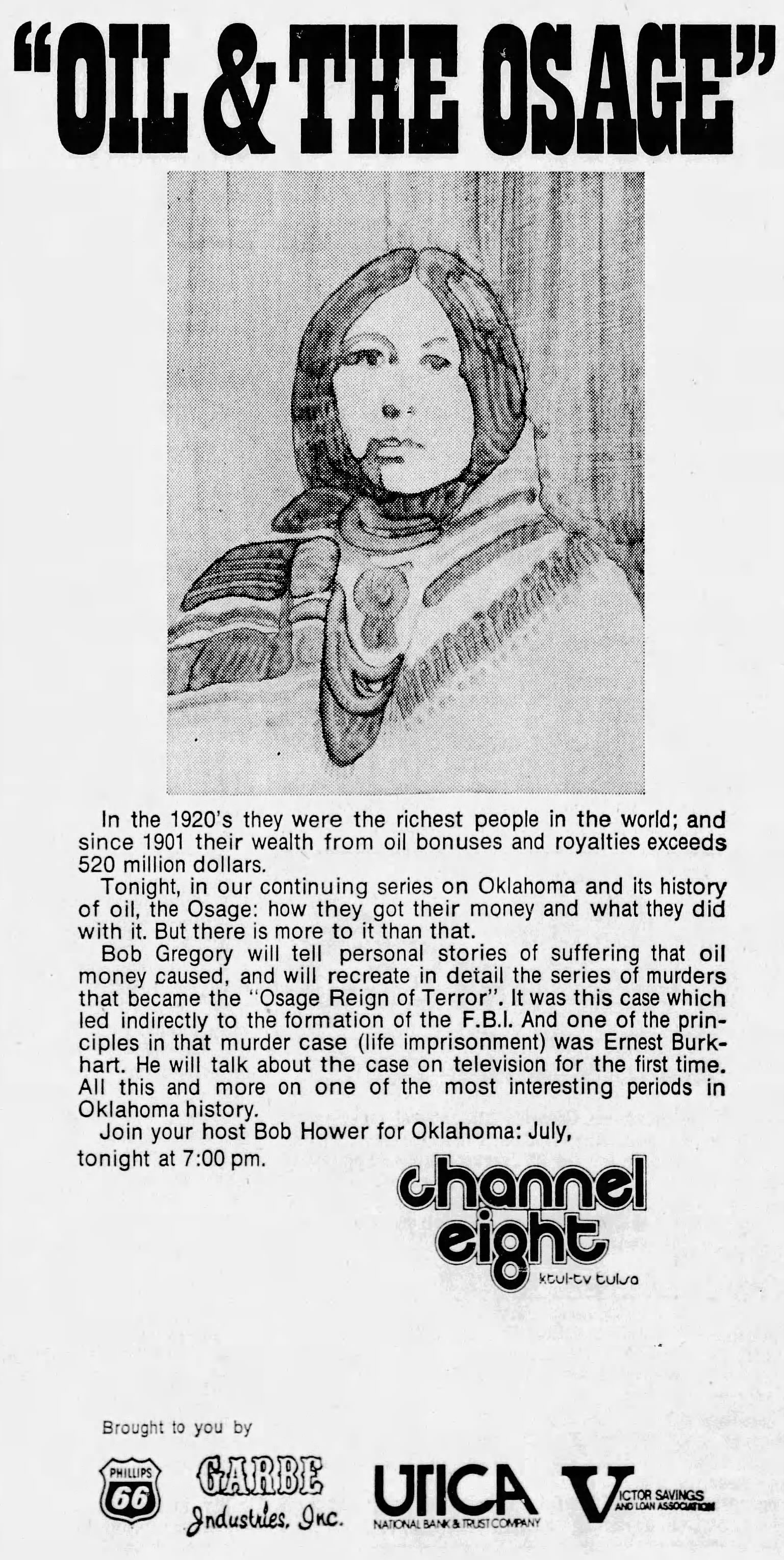 July 30, 1973, KTUL display ad for Oil in Oklahoma episode on the Osage Reign of Terror