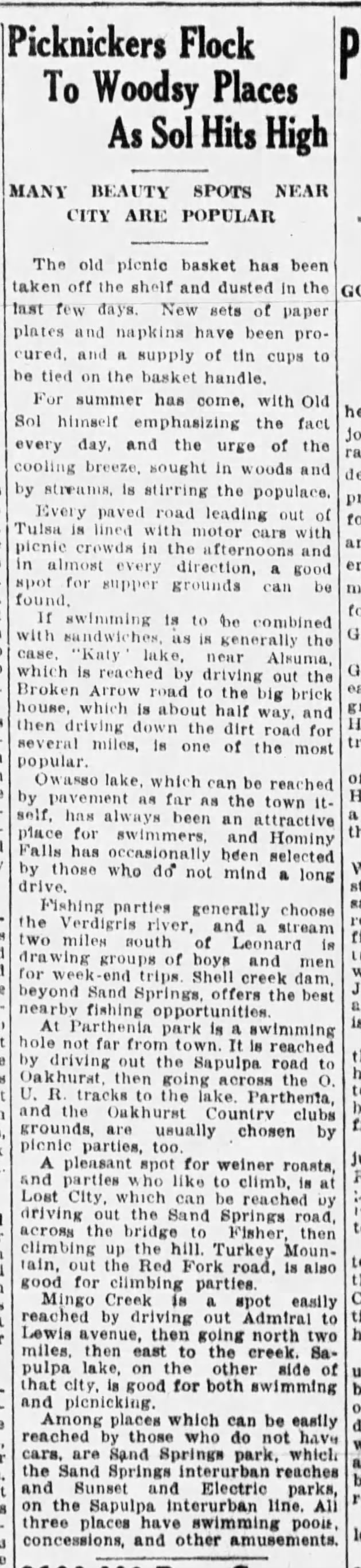 June 25, 1923, Tulsa Tribune article on summer picnic and swimming spots