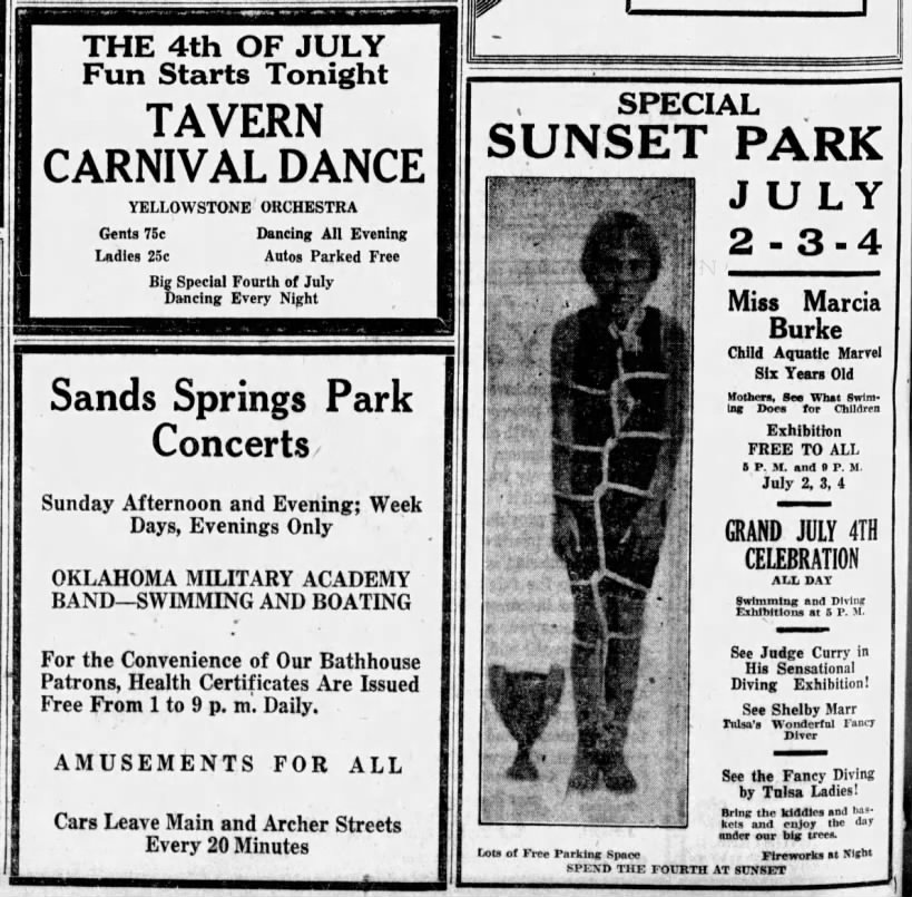 Fourth of July 1923 entertainment at the Tavern, Sand Springs Park, and Sunset Park near Tulsa, from the Tulsa Tribune