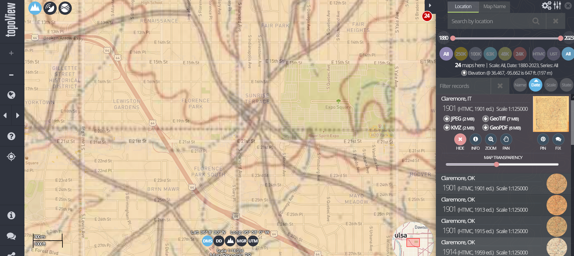 USGS Topoview screenshot showing 1901 map around present day Tulsa State Fairgrounds (Expo Square) overlaid on the modern street grid
