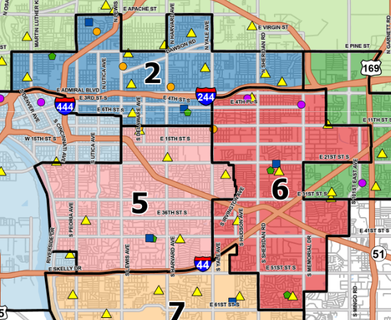 Map of Tulsa school district board election districts 2, 5, and 7