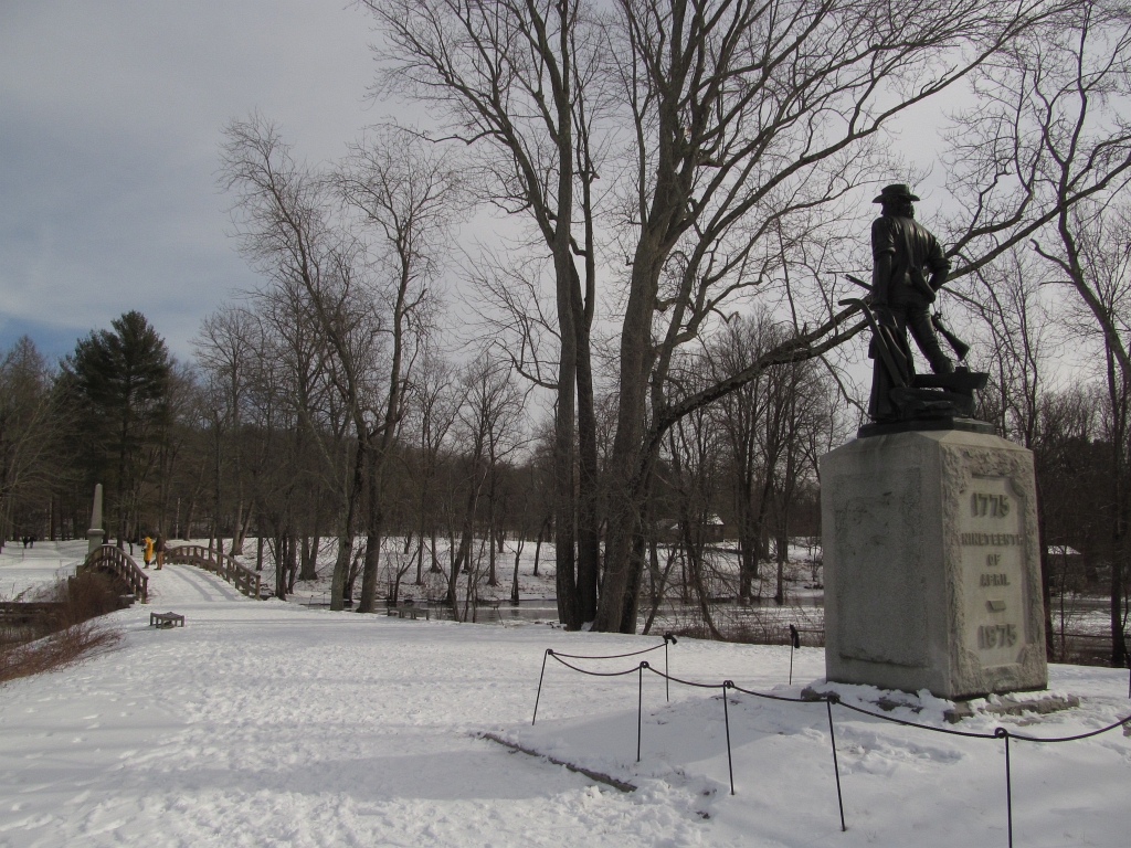Old North Bridge, Minute Man Statue, Concord Battle Monument, in the snow, Concord, Massachusetts, January 31, 2021
