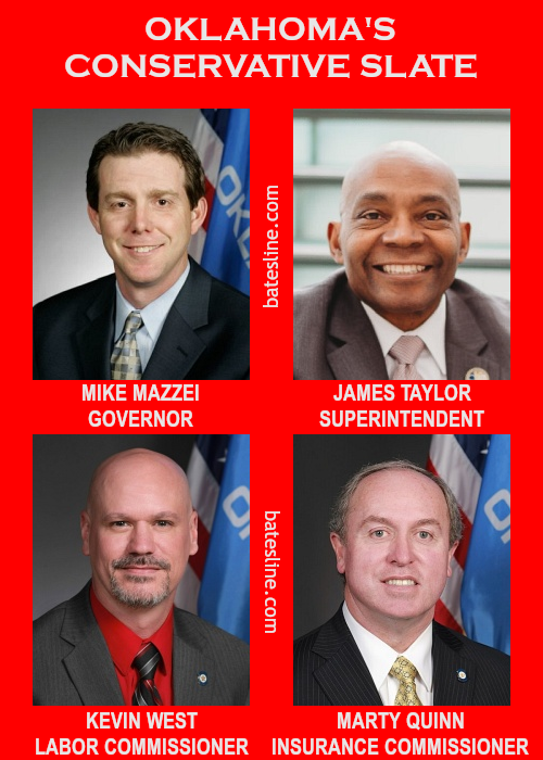 BatesLine endorsements in the 2026 Oklahoma Republican runoff: Mike Mazzei for Governor, James Taylor for State Superintendent, Kevin West for Labor Commissioner, Marty Quinn for Insurance Commissioner
